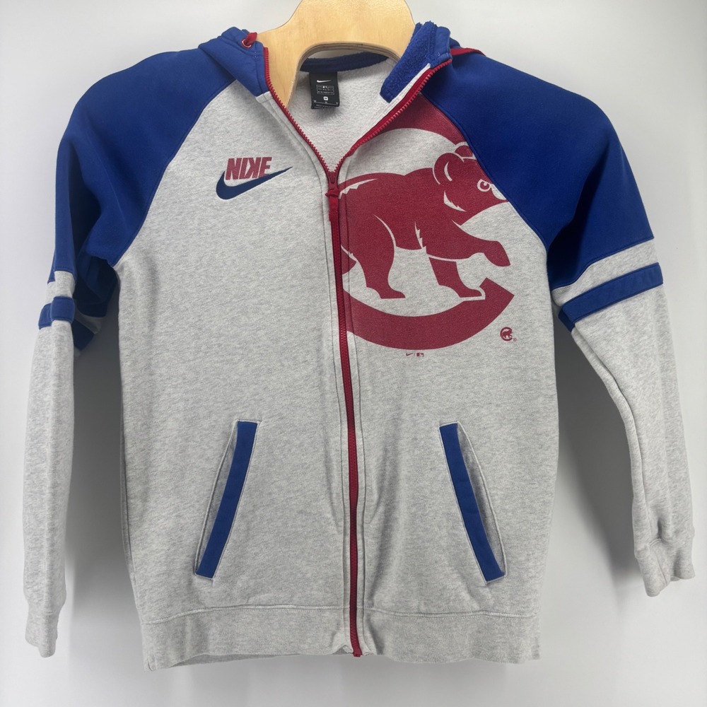 Nike Chicago Cubs Hoodie Mens Medium Gray Blue MLB Full Zip Raglan Fleece Sweat